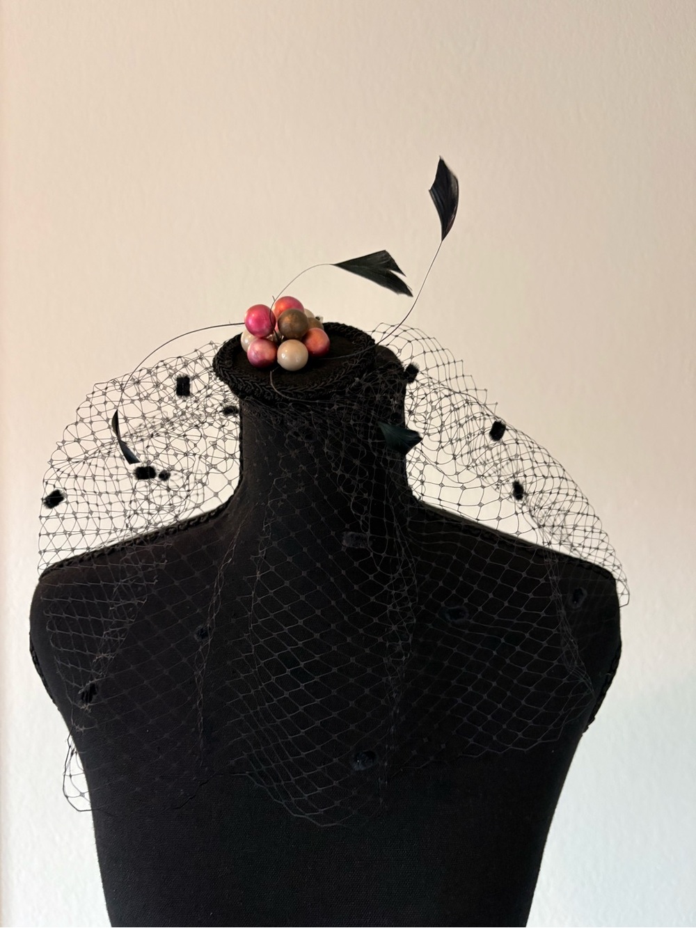 Black Veiled Fascinator with Feathers and Pink Pearl Accents - Picture 2 of 12